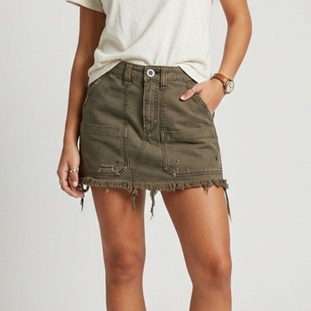 Free People Utility Cargo Skirt Womens 25 Military Green Distressed Y2K